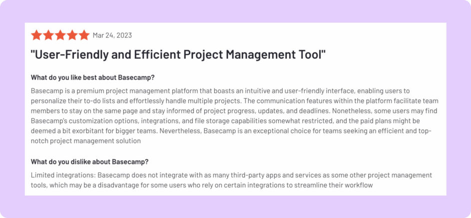 A customer shares they enjoy Basecamp's task management features.