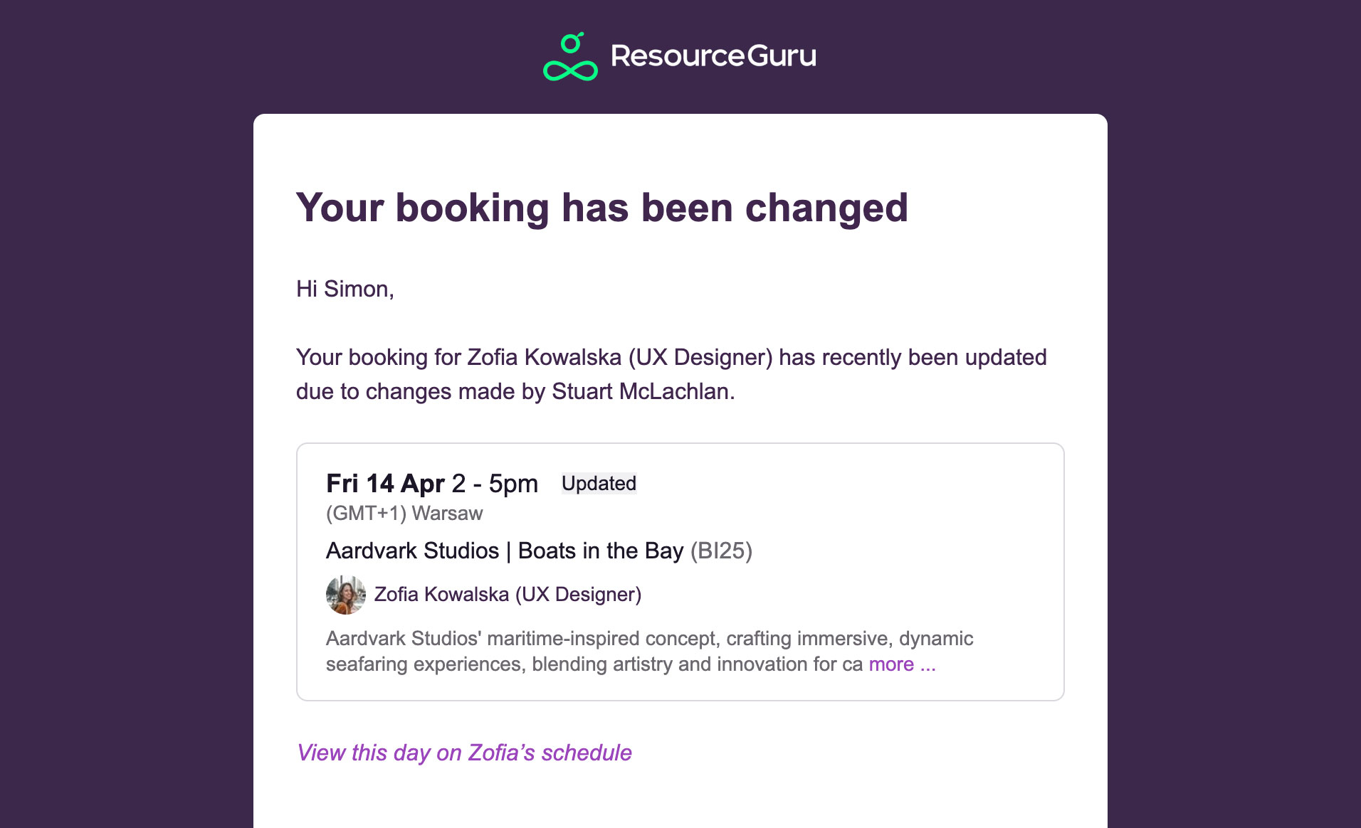 email notifications booking changed