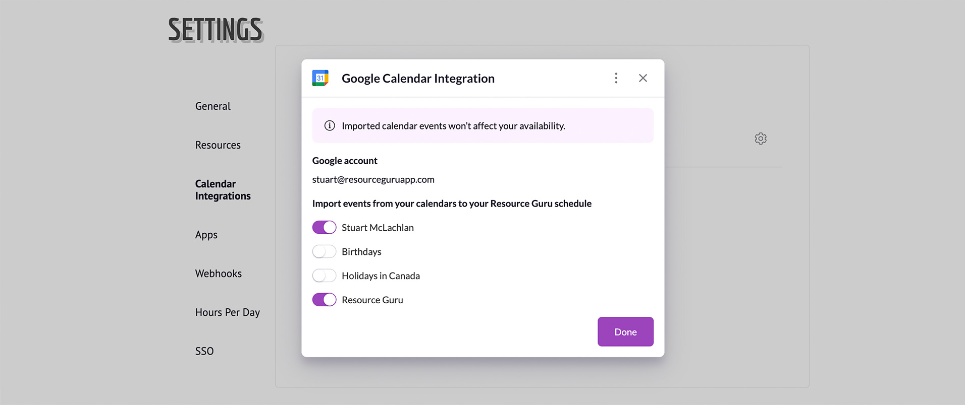 google calendar sync settings