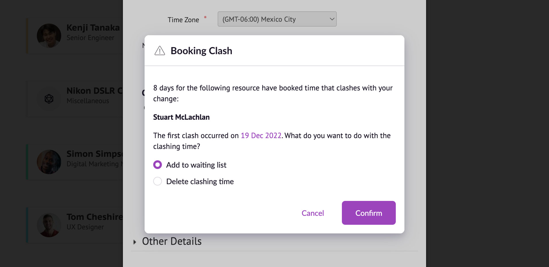 resolve booking clash time zone change
