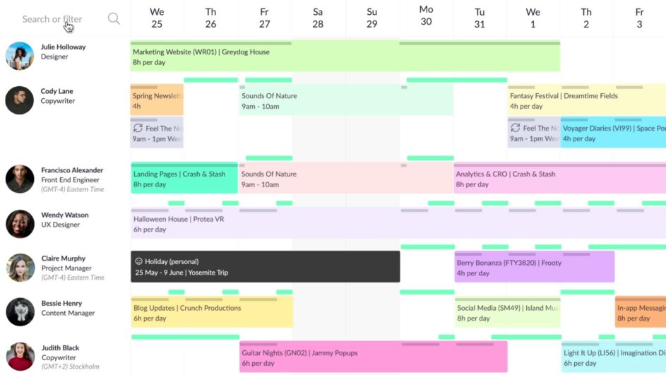 Resource Guru's schedule view at a glance, complete with resources, projects they're working on, and their availability