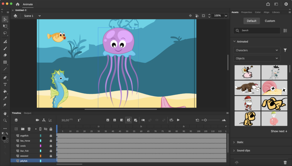 Animation of a purple octopus in Adobe Animate.