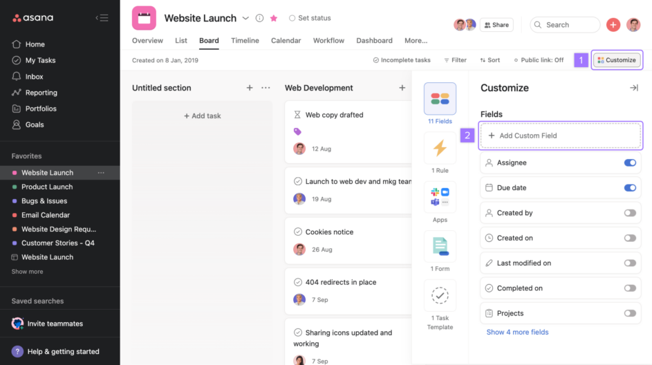 Project view in Asana showing a website project.