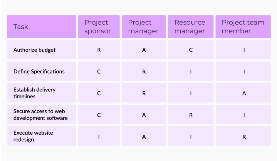 Project team roles and responsibilities table showing a RACI matrix for project sponsors, project managers, resource managers, and project team members.