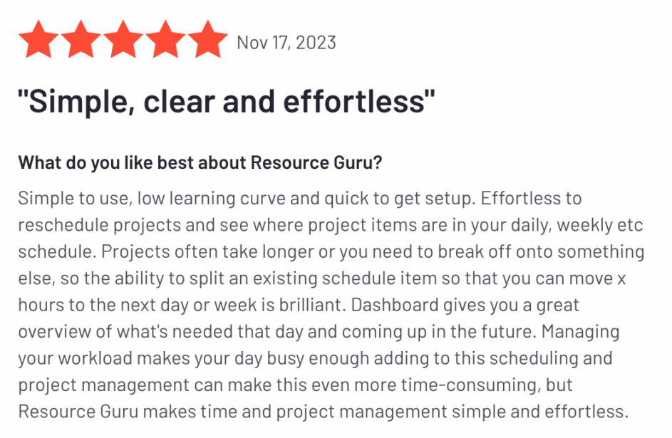 5-star Resource Guru review pointing to the ease of use and quick setup