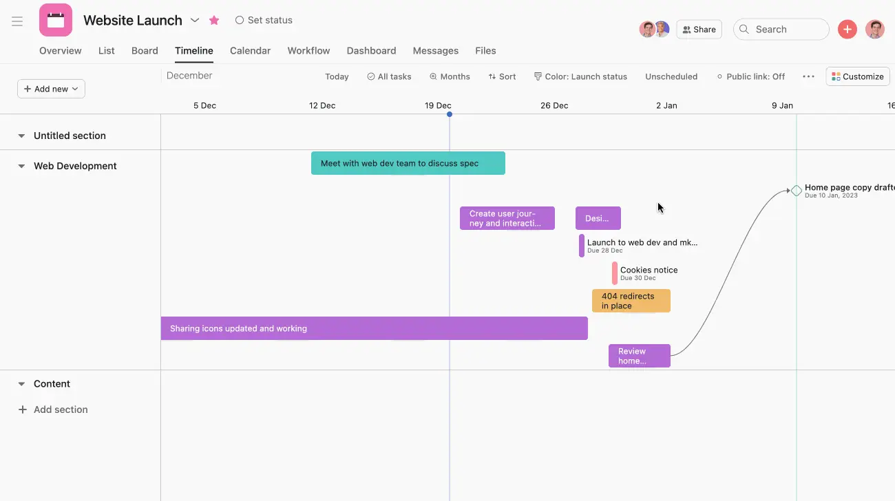Project timeline in Asana's project management software.